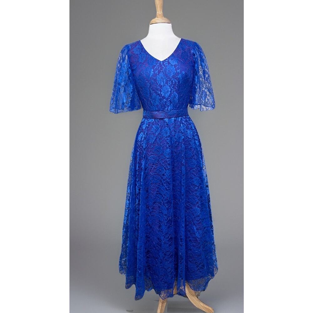 Vintage 70s Mike Benet Formals sz 6 Blue Simply Lace Belted Maxi Dress Prom Hoco